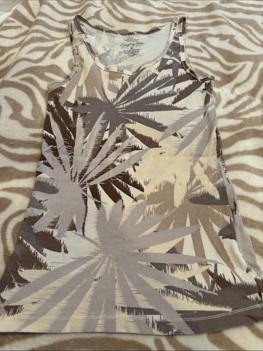 Sonoma Neutral Palm-Print Ribbed Tank Top - Taupe & Cream